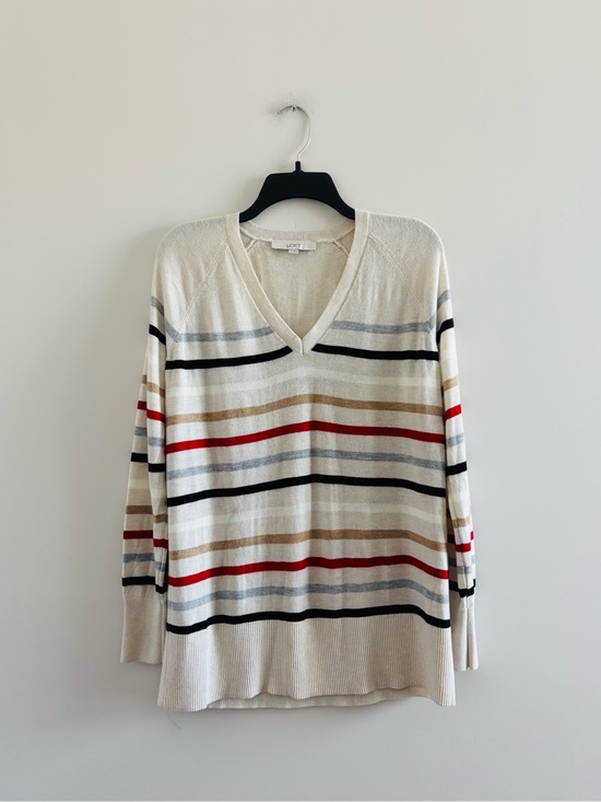 LOFT Sweaters - LOFT Sweater Beige Stripe Long Sleeve V-Neck Knit Womens S Preppy Academia Twee